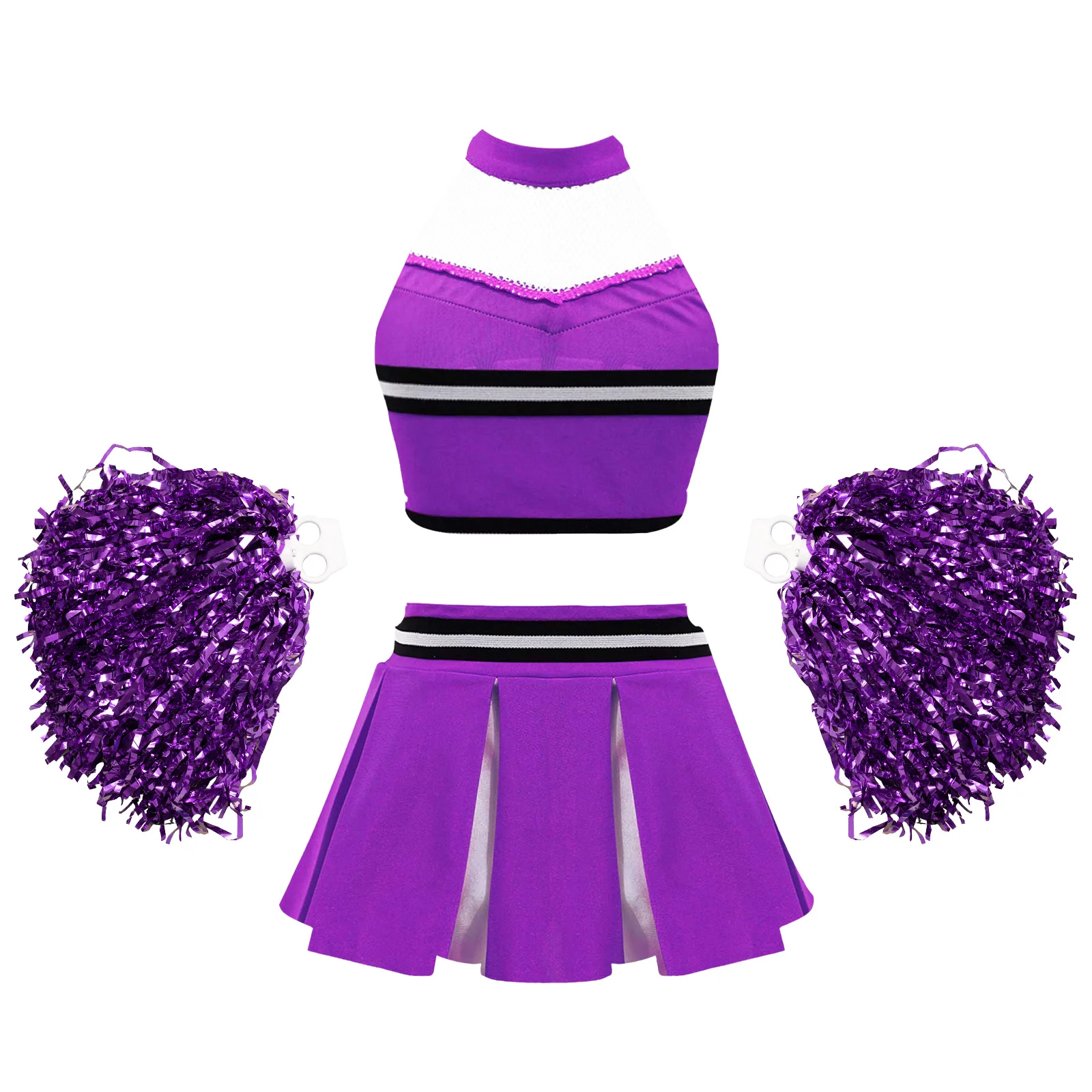 Crianças Meninas Cheerleader Uniforme Trajes De Dança Halter Mesh Patchwork Cheers Imprimir Top Colheita com Saia Plissada e Pompons Conjuntos