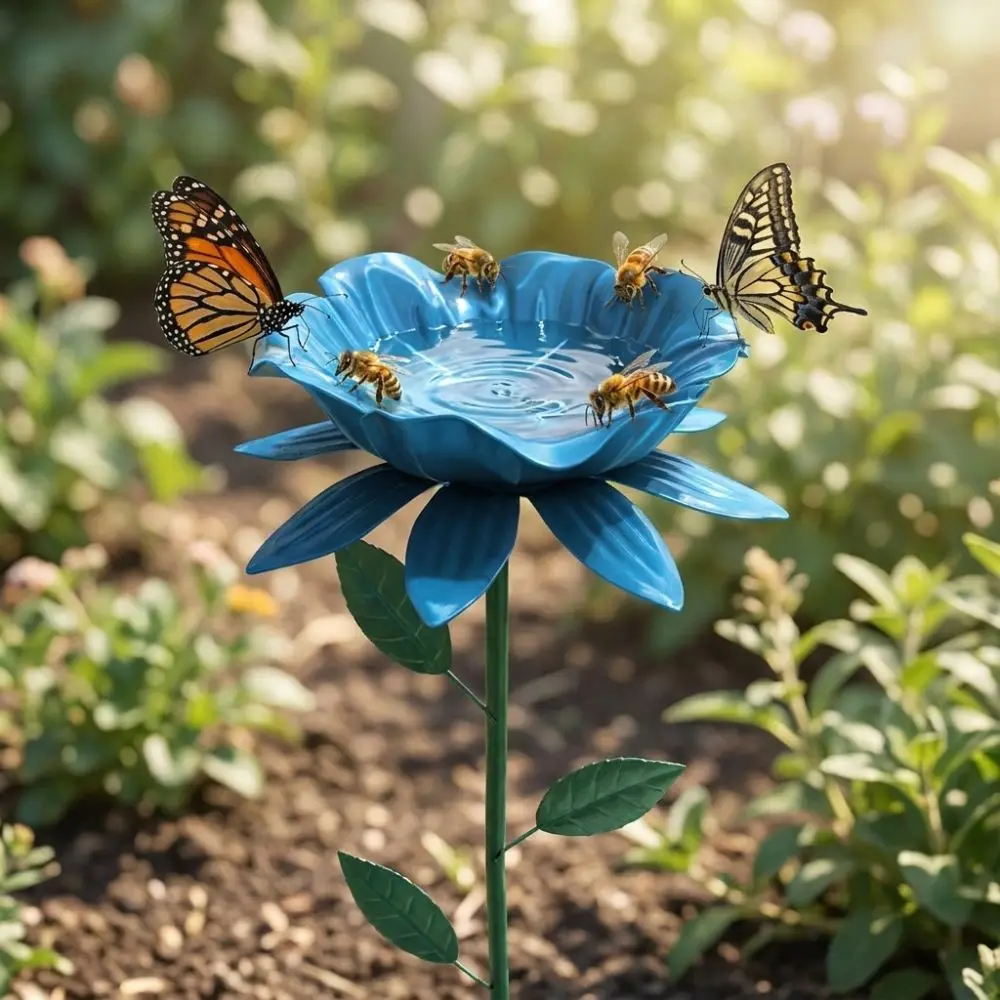 Flower Shape Metal Garden Birdbath Handcrafted Weather Resistant Bee Watering Station Wavy Curved Petal UV Resistant