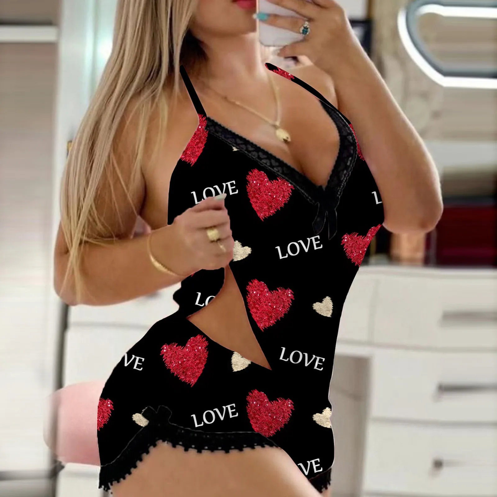 Sexy Sleepwear Pajams 2 Piece Sets Sequin Love Heart Print Shorts Set Lace Splice Off Shoulder Underwear Girls Summer Homewear