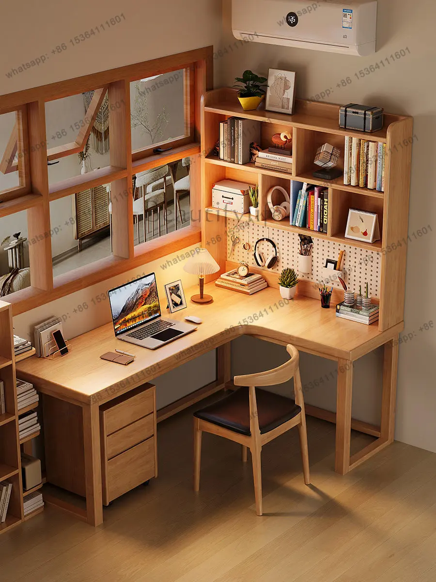 Solid wood corner desk bookshelf integrated L-shaped corner against the wall with hole board computer desk
