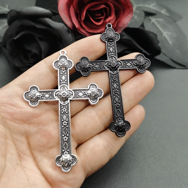 5pcs Silver Color Black 80x54mm Flower Cross Charms Jesus Faith Pendant Jewelry Making DIY Handmade Craft Accessories Wholesale