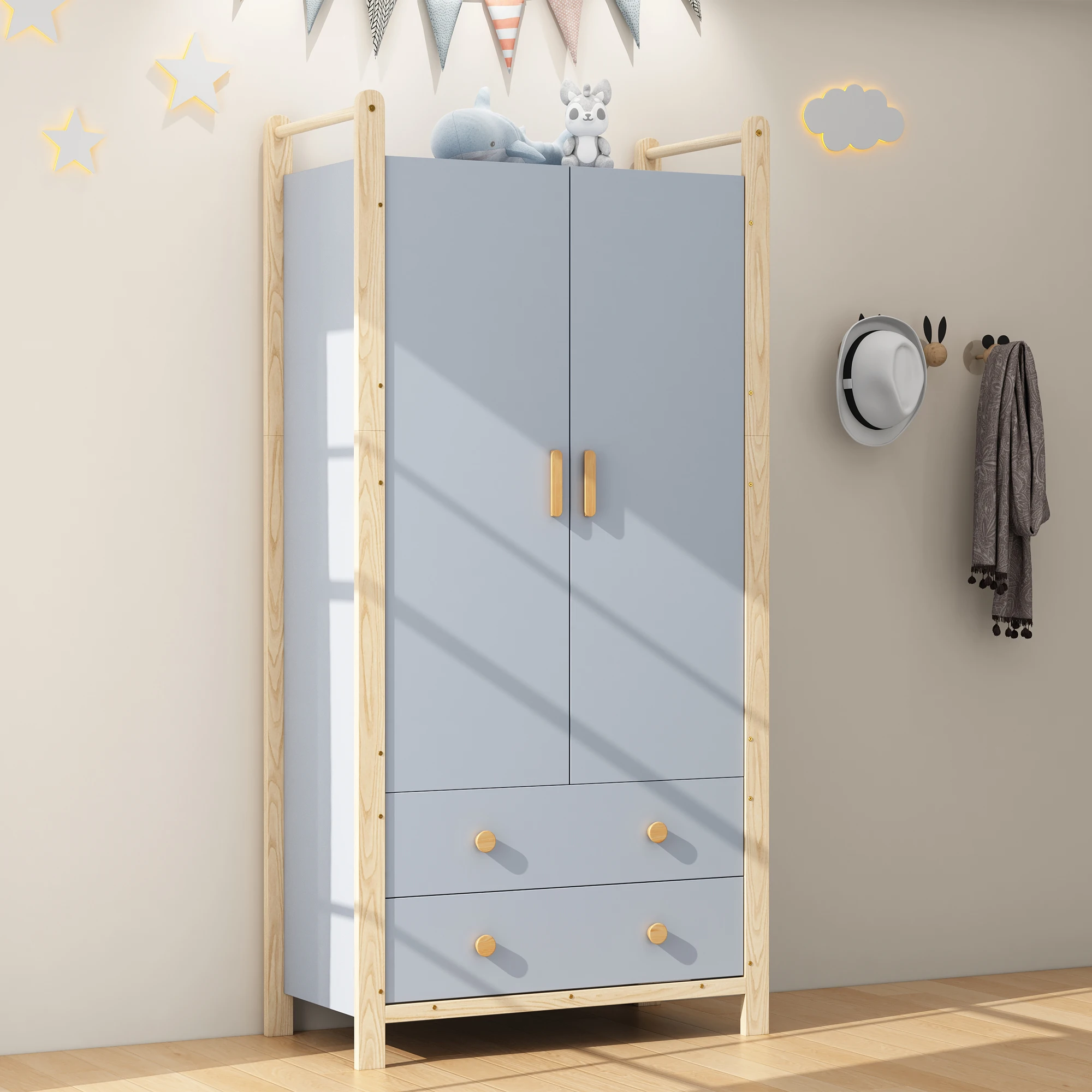 2-deurs kledingkast met kledingrek en 2 laden, multiplex blauwe behuizing + kaakframe, voor slaapkamer woonkamer gang, 90x45x180cm