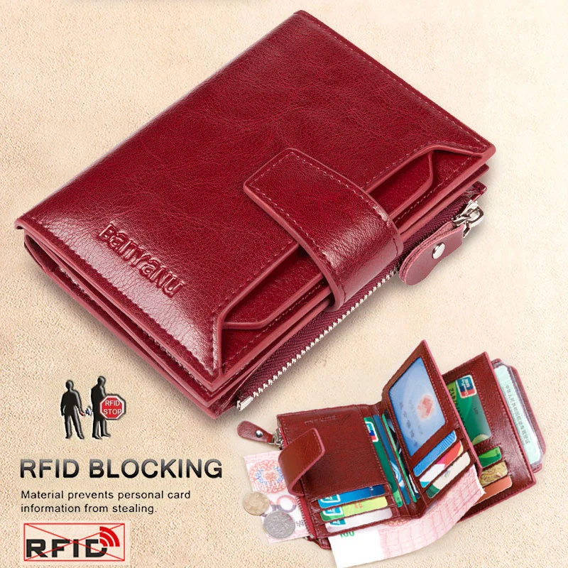 Genuine Leather Women Three Fold Wallet RFID Blocking Card Holders Short Female Zipper Coin Purse Multi Function Money Clip