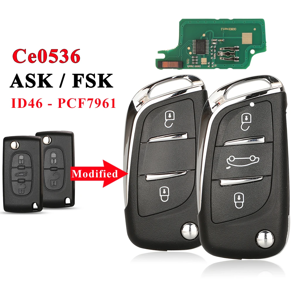 jingyuqin CE0536 2/3 Buttons Modified Flip Car key for Peugeot Partner 307 308 407 408 3008 ASK/FSK 433MHz PCF7961 HU83/VA2