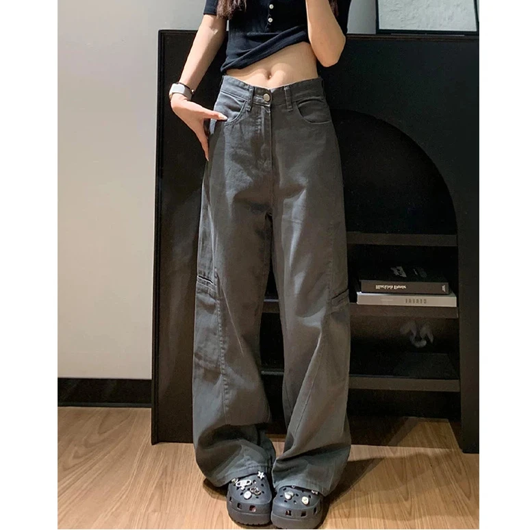 

Women's Gray High Waist Wide Leg Cargo Pants Casual Loose Streetwear Baggy Trousers With Pockets For Ladies