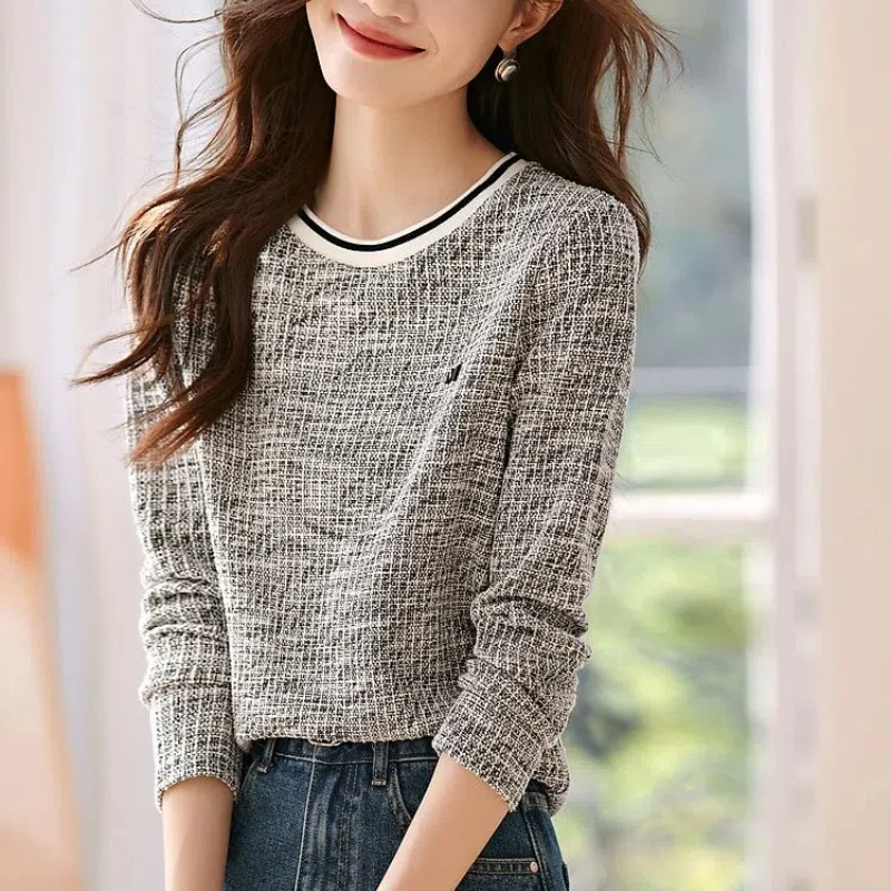 Korean Women's 2024 Spring and Autumn New Splicing Pullovers O-Neck Small Fragrance Printed Fashion Loose Casual Long Sleeve Top