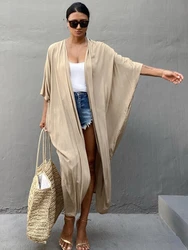 Beach Cover Up Kimono Women Summer 2022 New Pareo Swimsuit Cape Solid Bohemian Tunic Dresses Bathing Suits Dropshipping