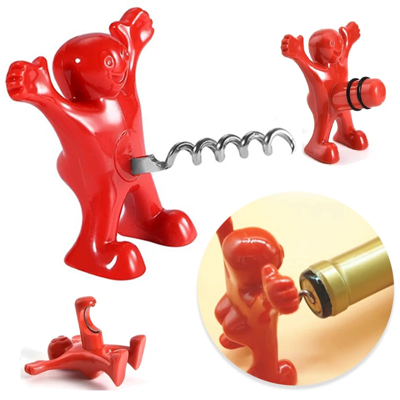 Abridor de botellas Happy Man, abridor de botellas divertido, vino divertido Little Red Man, tapones de vino novedosos para botellas de vino, cocina de bar.