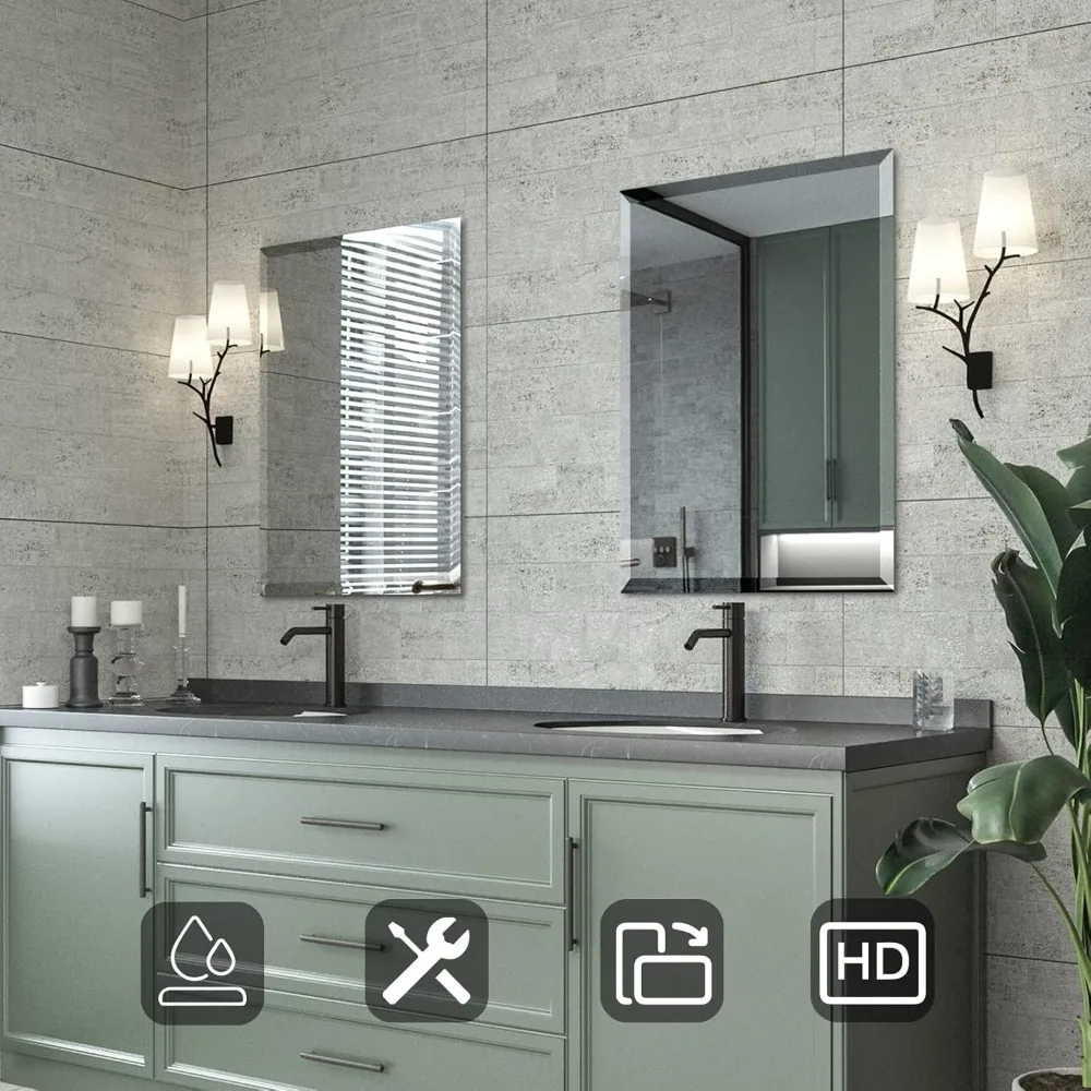 Frameless Rectangular Beveled Edge Bathroom Mirror, Wall-Mounted 20x28, Horizontal Hanging Option