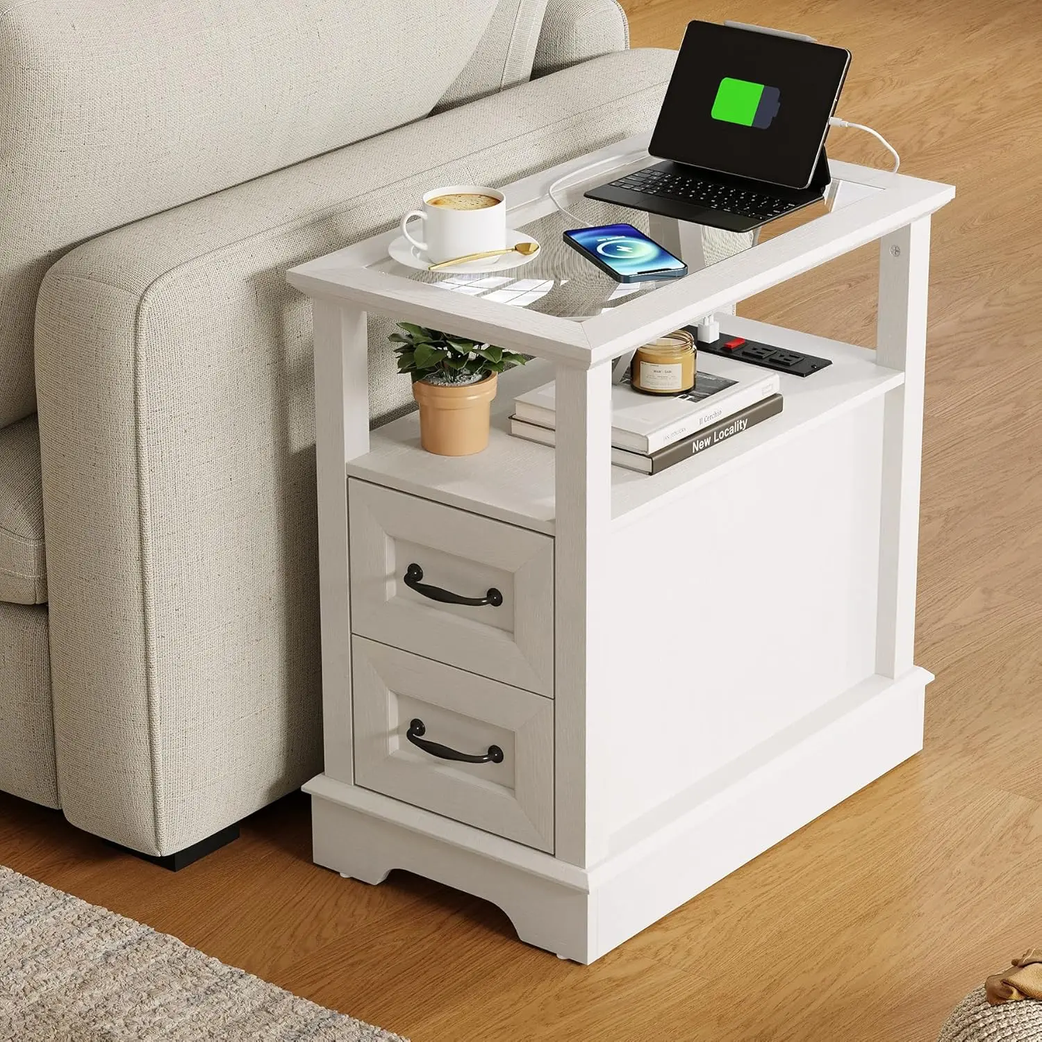 LINSY HOME Narrow End Table with Charging Station, Side Table with Glass Top, Open Shelf, and 2 Drawers, Small Sofa Table