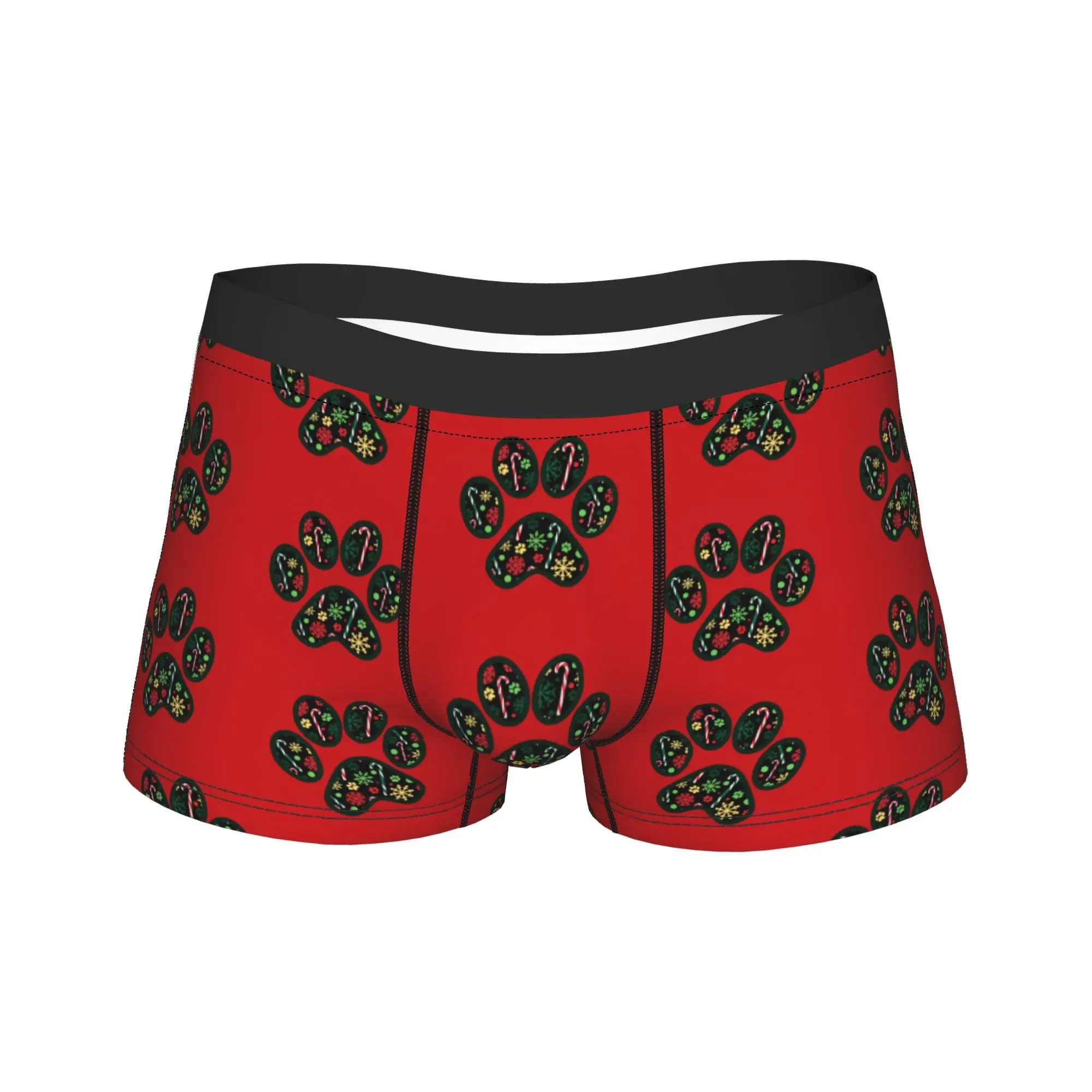 Men Red and Green Christmas Paw Print  Long Underwear  Novelty Boxer Briefs Shorts Panties Male Polyester Underpants Plus Size
