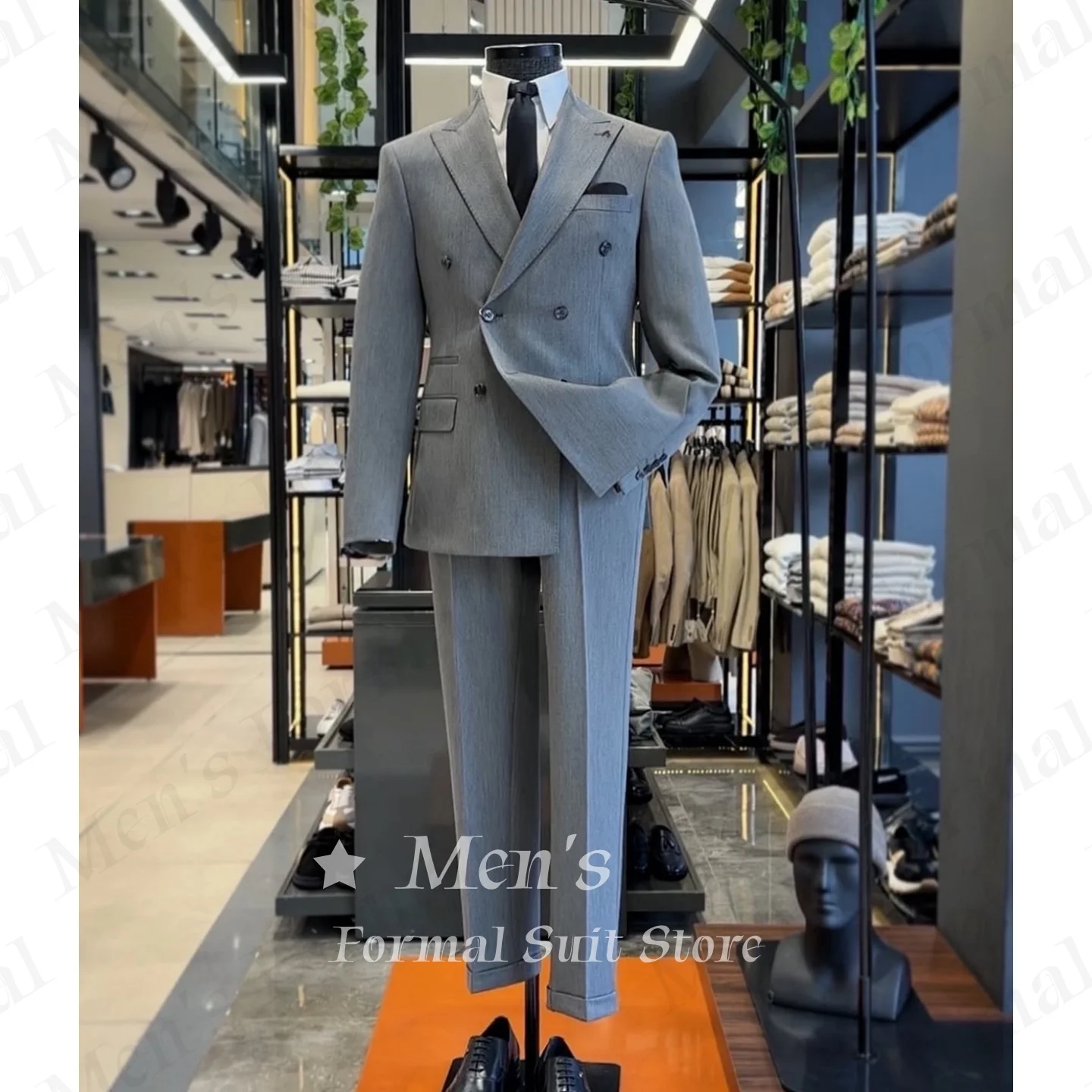 Light Grey Wide Peak Lapel Double Breasted Two Piece Suit Men Blazer Matching Pants Wedding Prom Business Office Customized