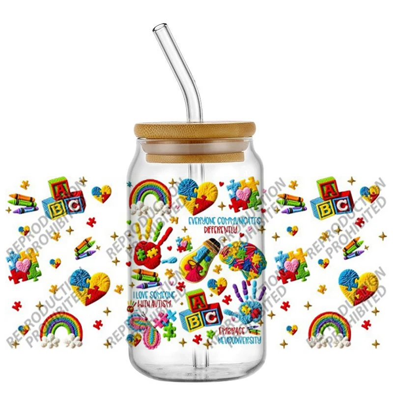 New Autism Awareness Series 3D Pattern Transfer Stickers for Glasses Autism Mom Era Fade Resistant UV DTF Cup Decals for Libbey view 3