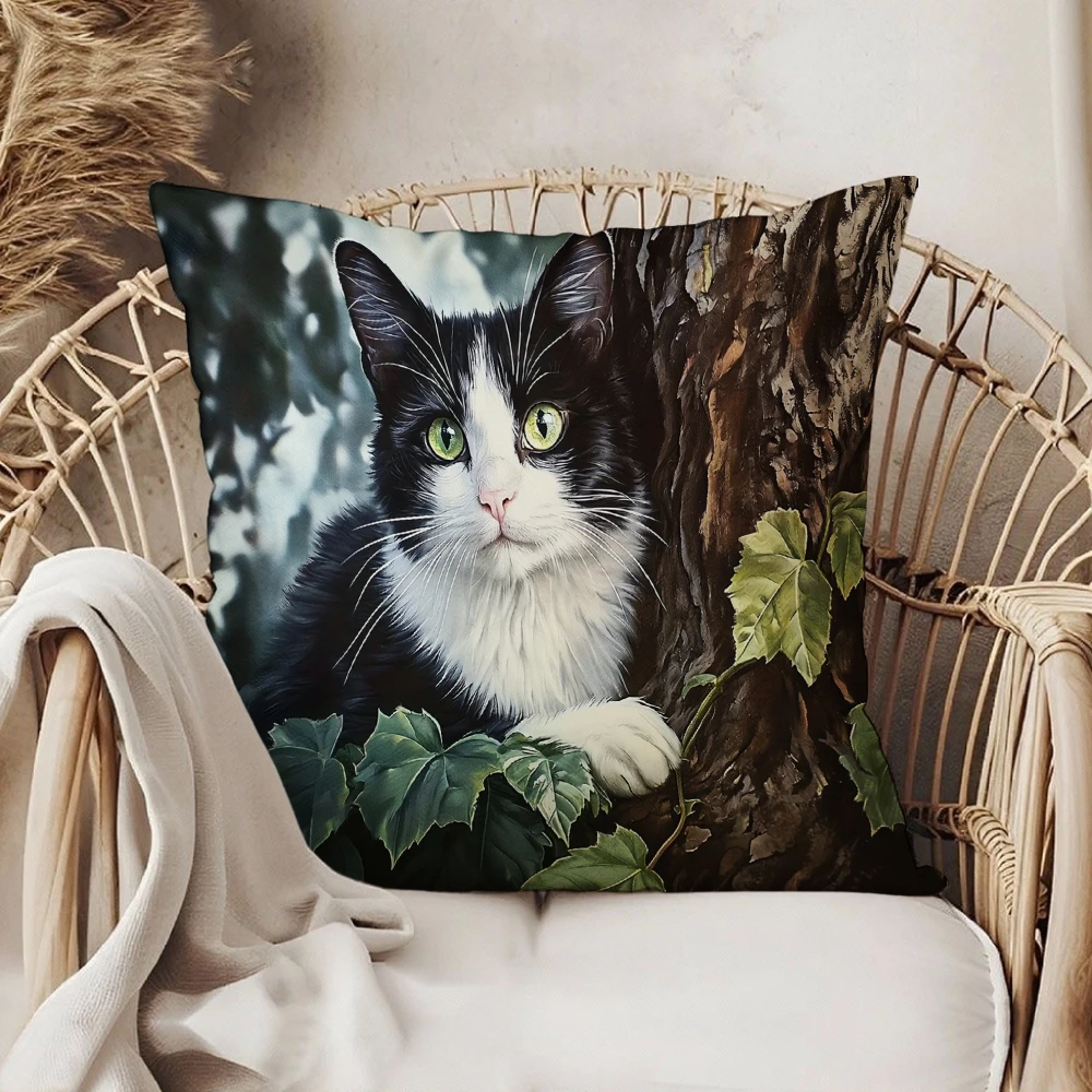 Square Throw Pillow Case Black And White Cat Printing Green Leaves Tree Bark Pattern Decorative Cushion Cover For Living Room So
