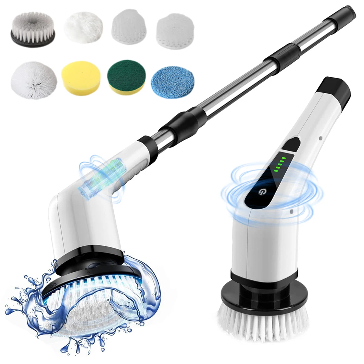

Electric Spin Scrubber 8 Replaceable Brush Head Adjustable Extension Handle Cordless Cleaning Brush Scrubber for Bathtub Kitchen