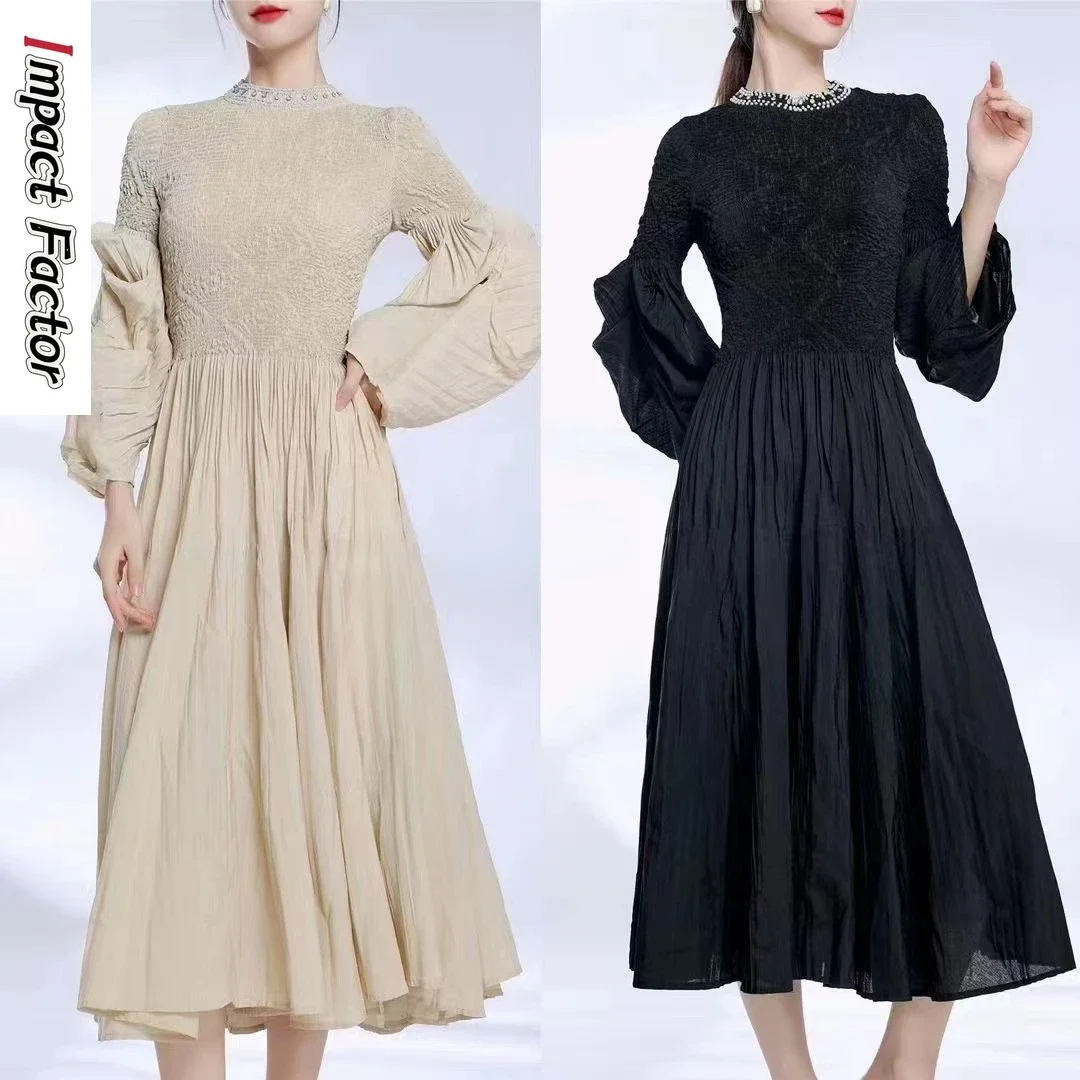 New Long Sleeve Dress 2024 Spring and Autumn Pleated High End Fashion Irregular Slim Solid Color Waist Pulling Dress