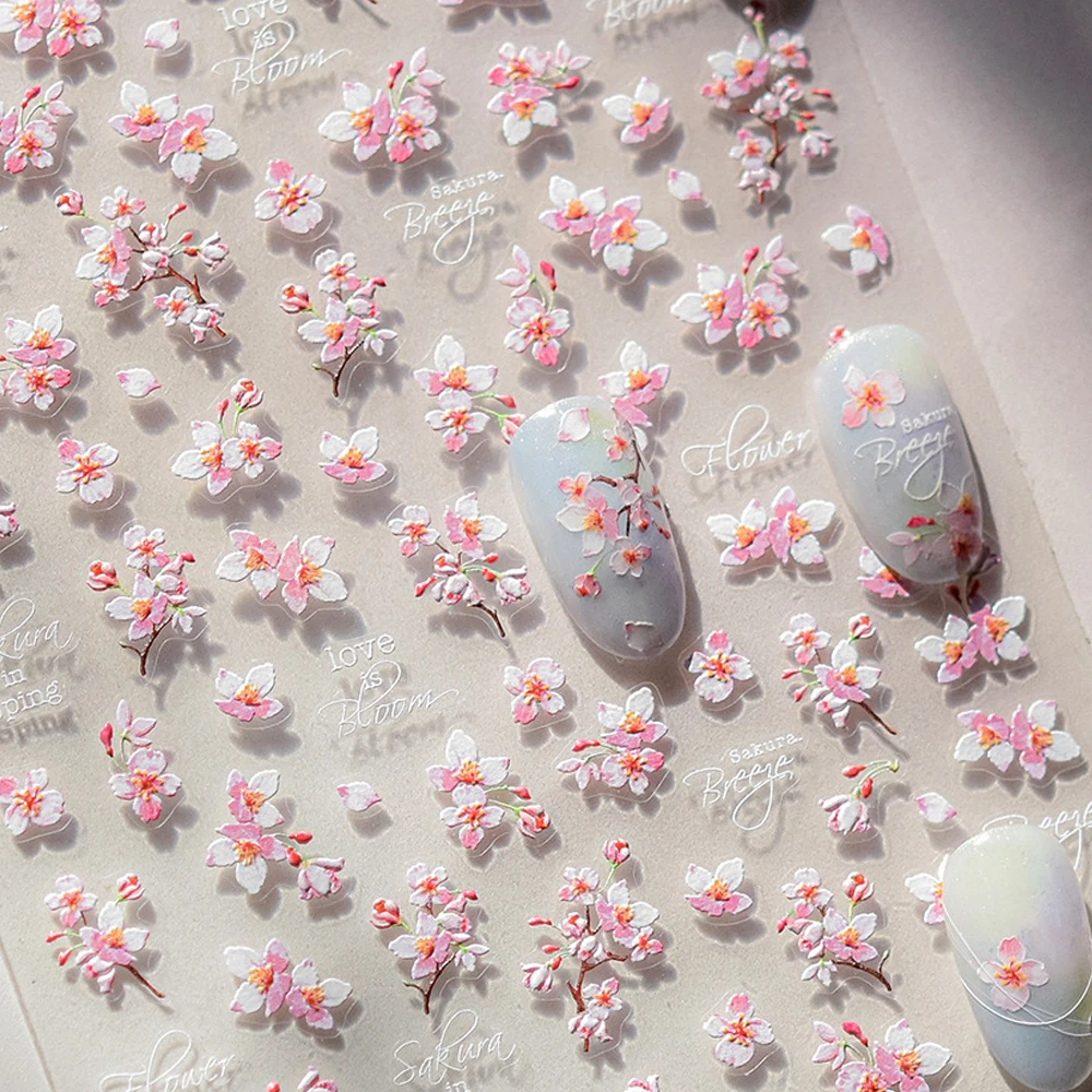

Blossoming Sakura Spring Petal Cherry Flowers Living Peach Branch 5D Nail Art Sticker Soft Relief Adhesive Chic Manicure Decals