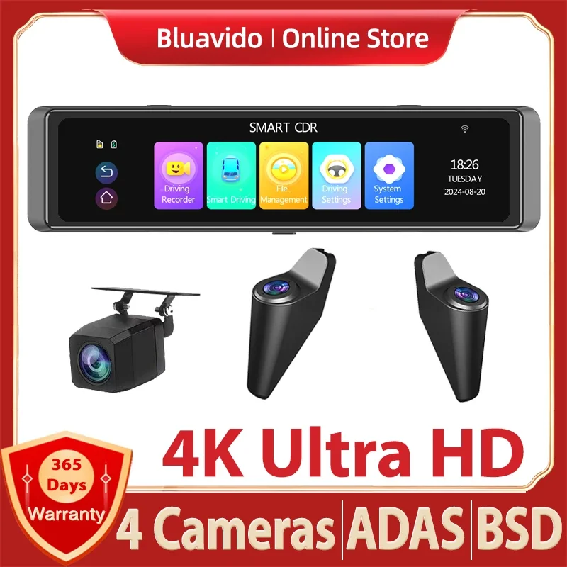 12 Inch 4K Ultra HD Dash Cam ADAS BSD Car Rearview Mirror Blind Spot Detection Loop Recording 1080P Rear Camera Video Recorder
