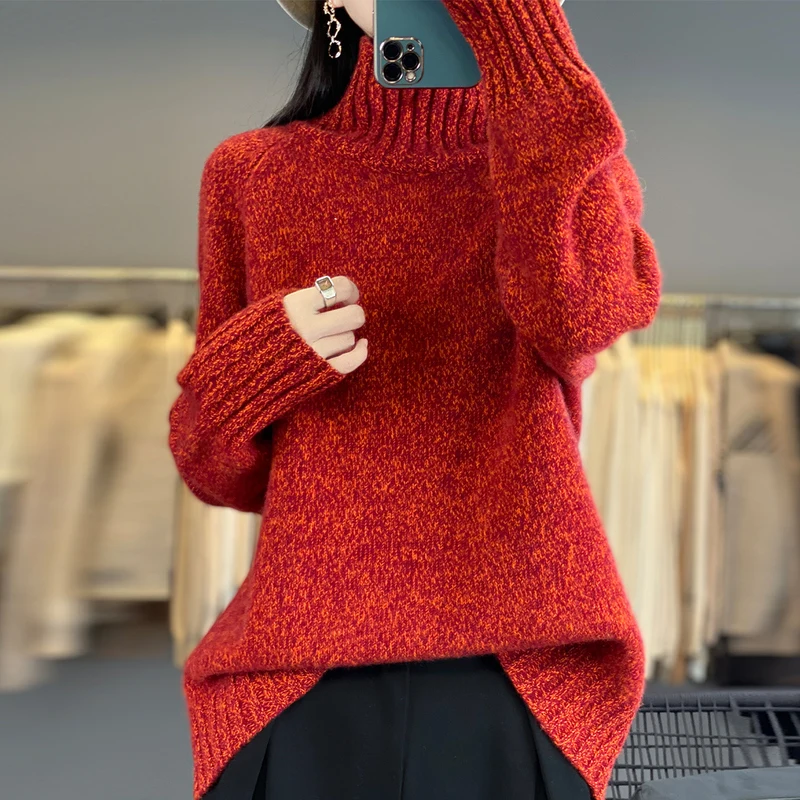 Nieuwe release: 100% merinowol gebreide trui dames hoge kraag trui casual losse tops mode Koreaanse dameskleding