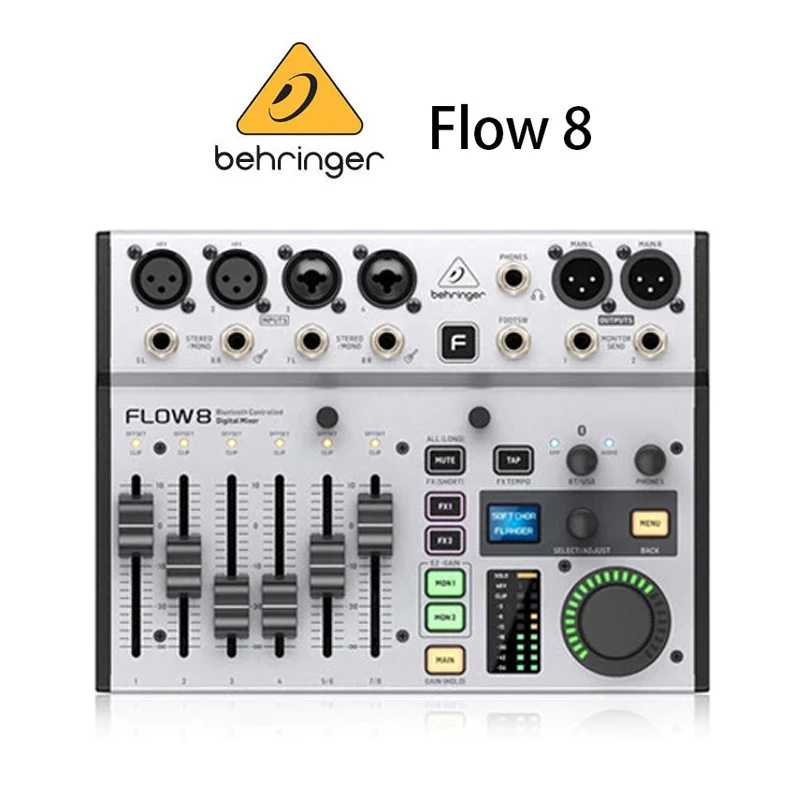 

Behringer FLOW 8 Цифровой микшер с 8 входами и Bluetooth-аудио и управлением через приложение Фейдеры каналов 60 мм 2 процессоры FX USB/аудиоинтер