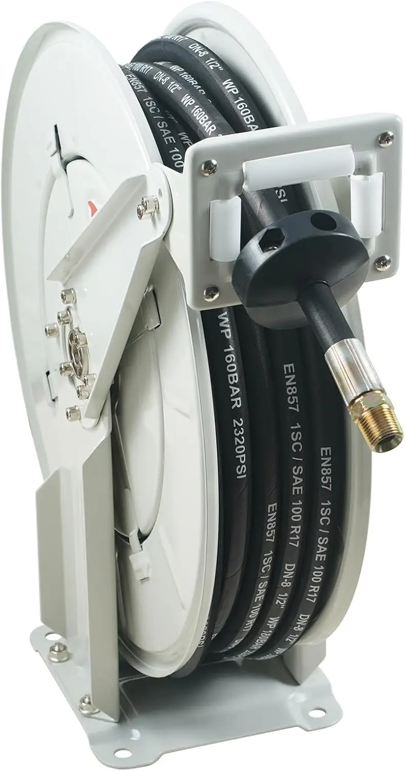 

Fuel Hose Reel,1/2" x 50',Extra Long Retractable Machine Oil Hose Reel,Spring Driven Auto Swivel Rewind, Heavy-Duty Carbon Steel