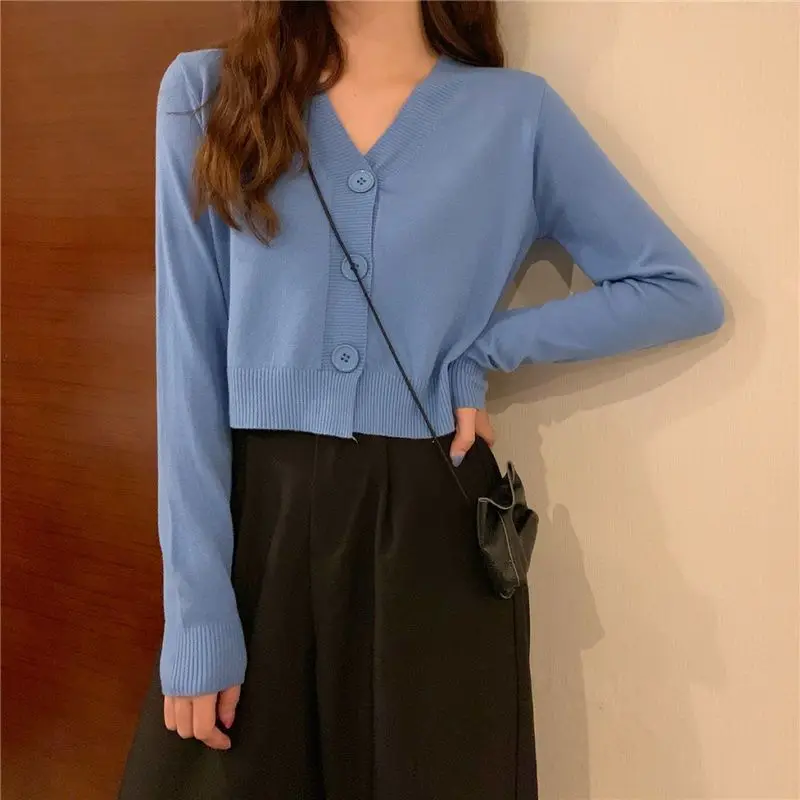 

Весенне-осенний женский кардиган, новинка 2025 года, корейский свободный свитер с v-образным вырезом, женский короткий топ с длинным рукавом и высокой талией, женский кардиган
