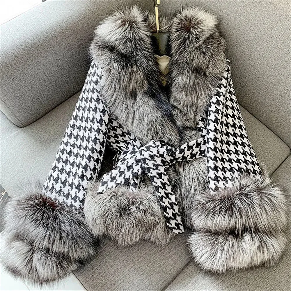 Trendvestidos De FiestaFur Coat 'S 2024 New Youth Haining Women'S Short Thousand Bird Plaid Collar Silver Fox Fur Coa