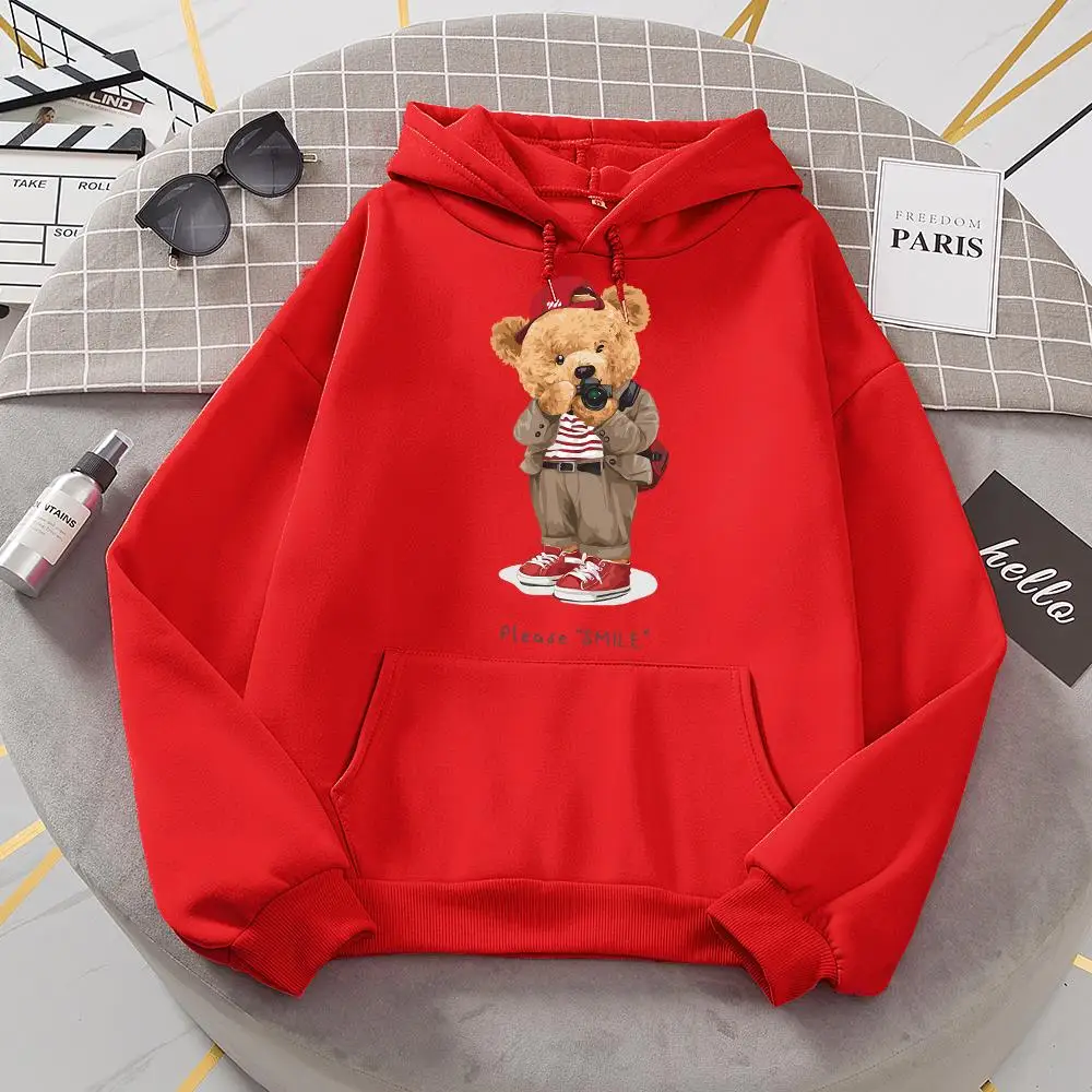 Fashion Teddy Bear Taking Your Photo Sweatshirt Woman Hip Hop Loose Hooded Casual Autumn Fur-Liner Hoodies Fashion S-Xxl Tops