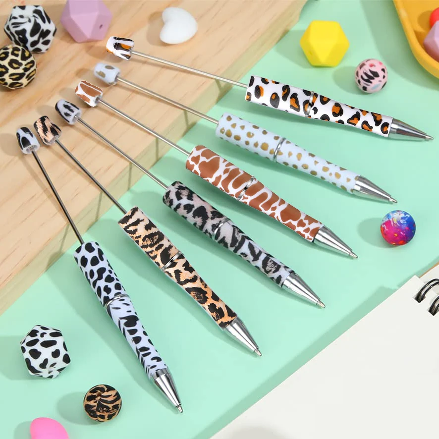 60Pcs Fashion Leopard Print Beaded Ballpoint Pens DIY Plastic Beadable Pens Korean Stationery Pens for Writing Office Supplies