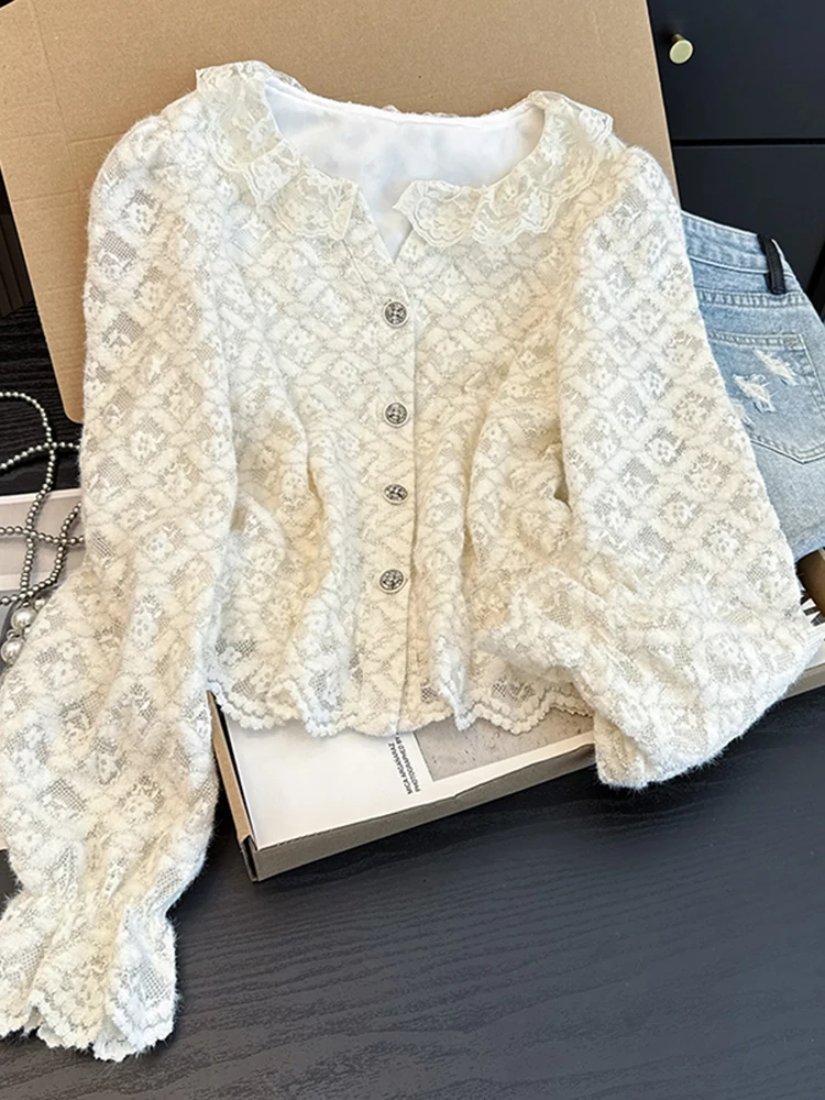 

Romantic Sle Lace Sve Open Cardigan Women's V-Ne Outerwear Slimming High-End Feeling Long Sve irt Ci Walk