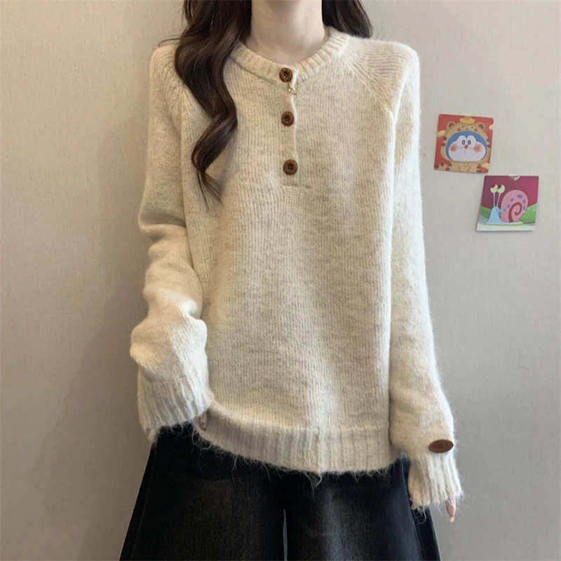 

Korean Sle Soft Cozy round Ne Sweater Women's Autumn Winter New Gentle Lazy Knitted irt Apricot Loose Meat Covering Lon...
