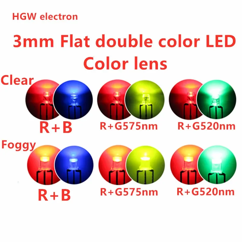 100PCS 3mm flat led 3-PIN bicolor DIP LED RED/Blue/Yellow/GREEN Transparent/diffused Common Anode cathode LED F3 Double color