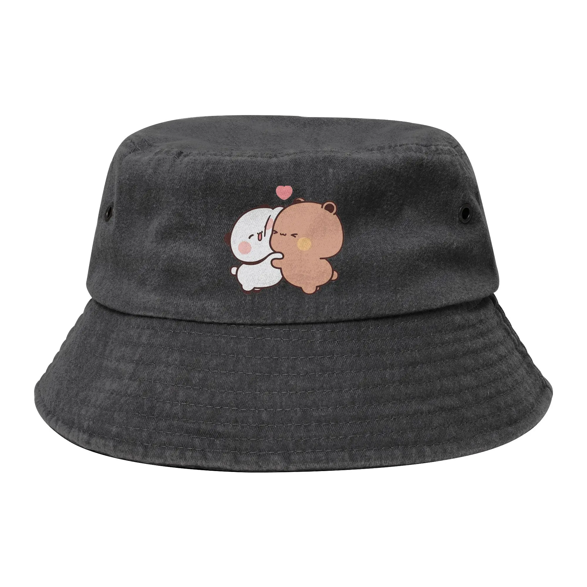 Unisex Distressed Denim Washed Bucket Hats Bubu Dudu Hug Love Outdoor Fishing Cap Panda Bear Bob Hat Gift Idea