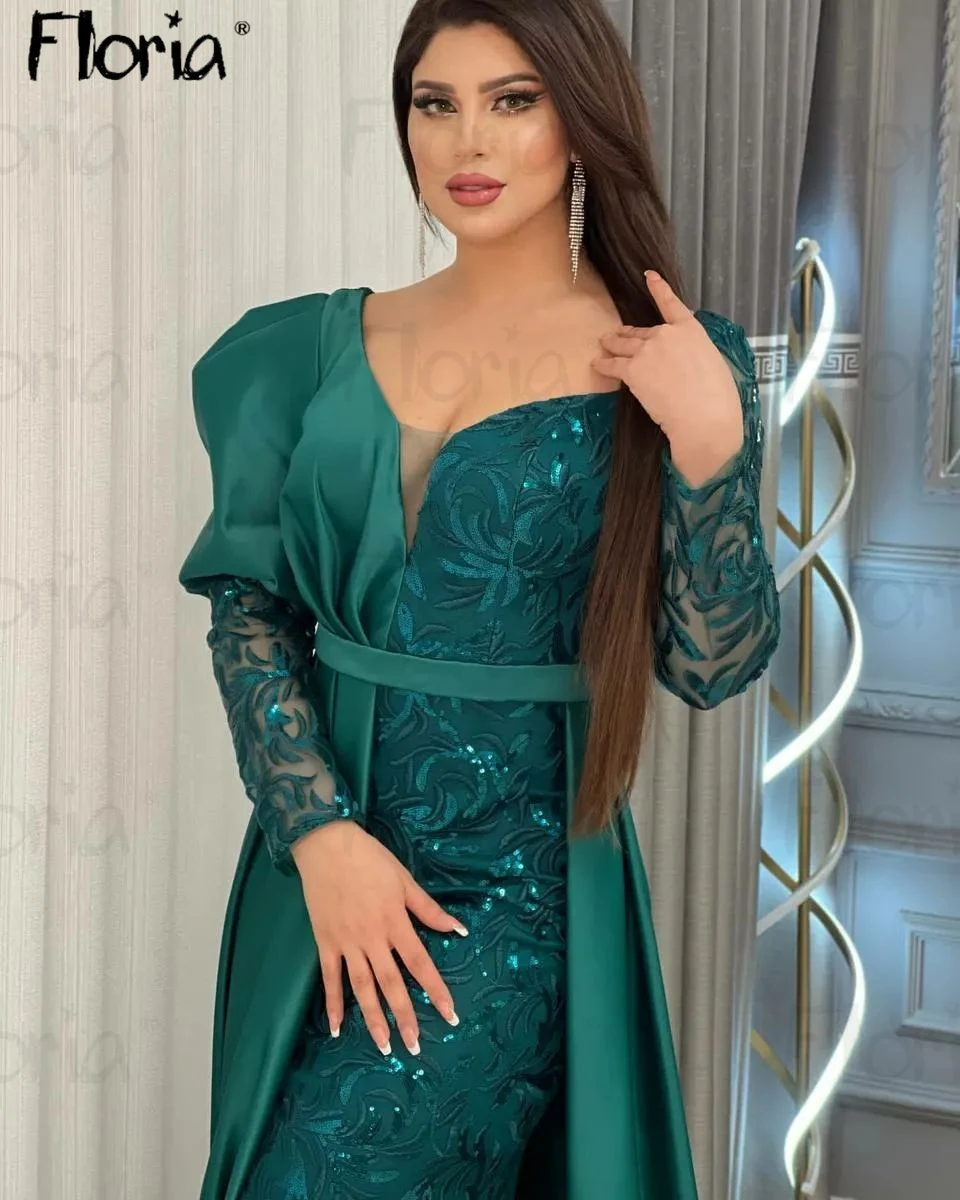 Dubai Plus Size Muslim Evening Dress Emerald Green Long Sleeve Celebrity Dresses With Overskirt Custom Made For Wedding Party