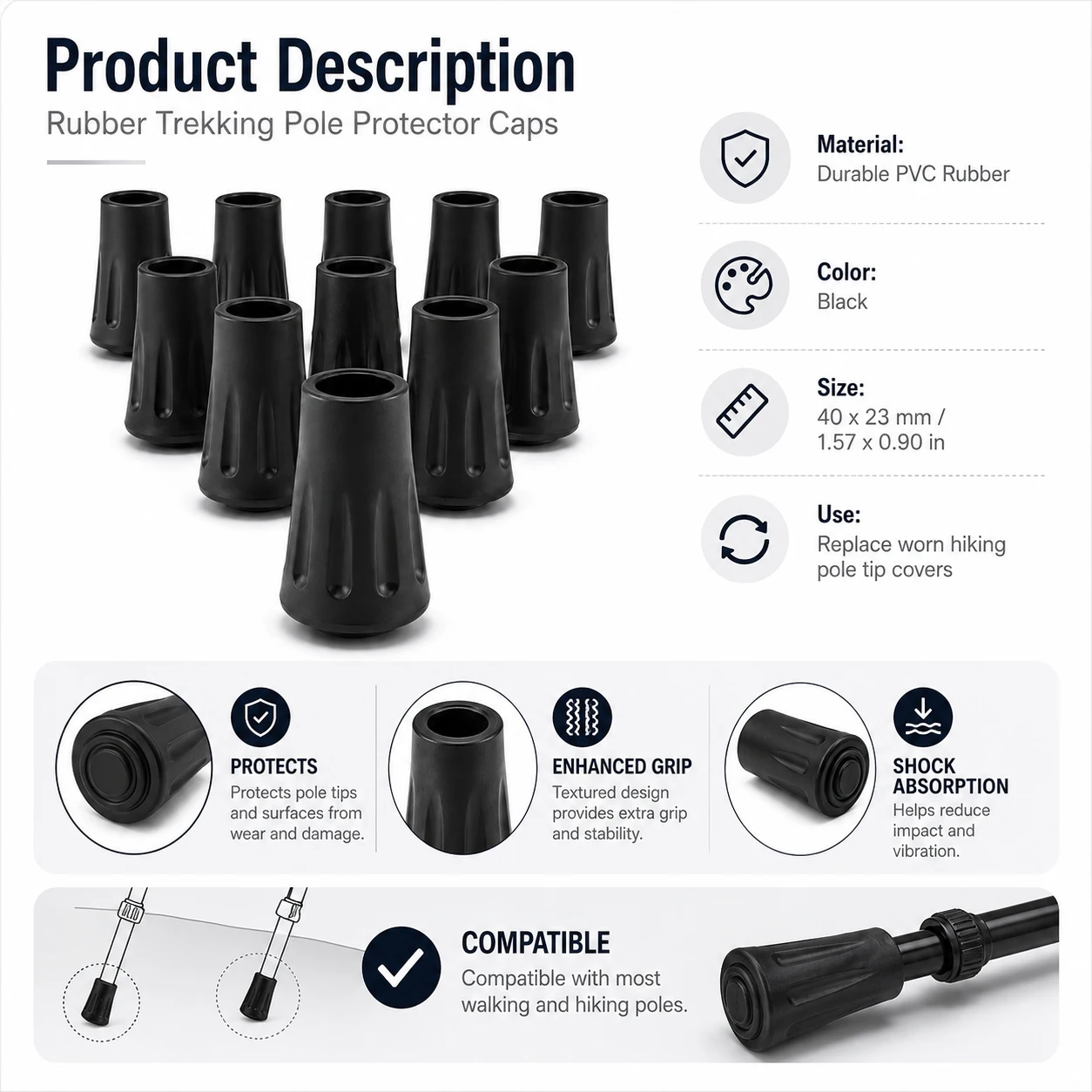 Trekking Pole Rubber Tips Feet Replacement - 10-40 pièces de pointes en caoutchouc