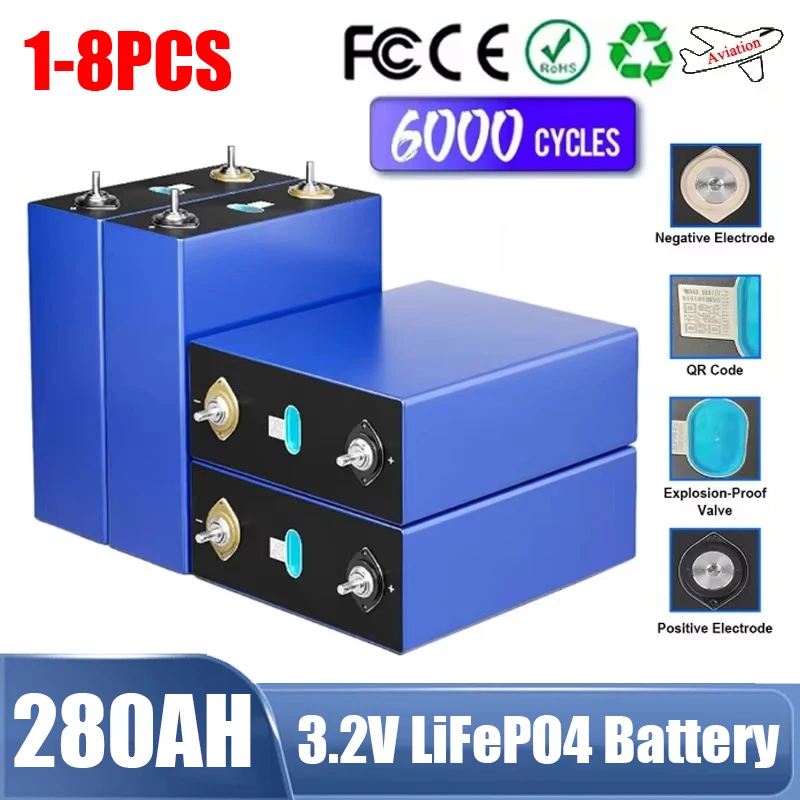 New 3.2V 280AH Lifepo4 Battery 280K Cells Deep Cycles for DIY 12V 24V 48V Household RV EV Solar Energy Grade A Battery Pack