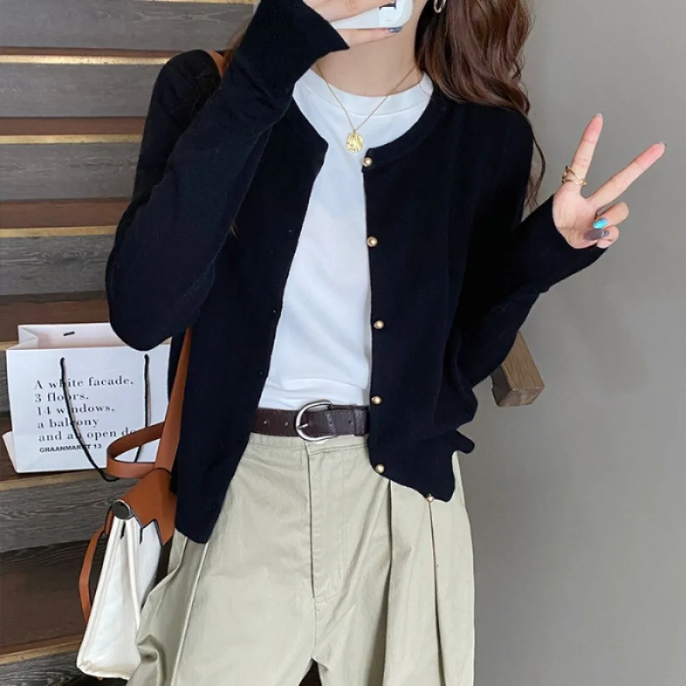 Loose Fit Long Sleeve Knit Cardigan Solid Color Round Neck Women Cardigan Single Breasted Cardigan Top