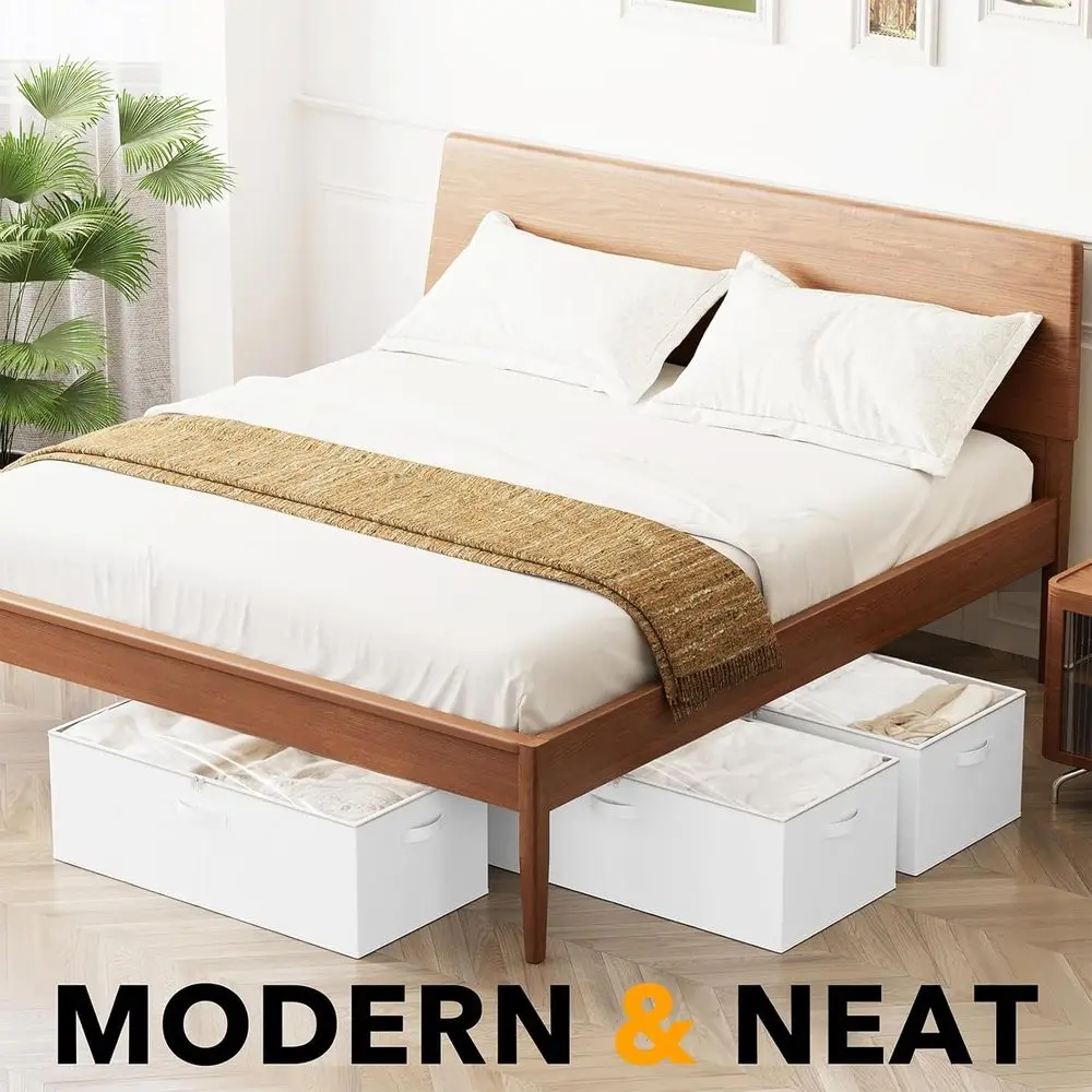 10 High Underbed Storage Boxes with Lids - Large Organizer Bins for Bedroom, Dorm, Clothes, and Bedding Storage (White)