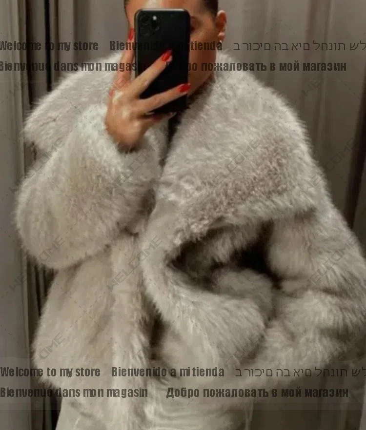 Winter Fashion Lady Overcoat Streetwear Warm Fluffy Faux Fur Jacket Coat Women Loose Long Sleeve V-neck Female Cardigan 2024