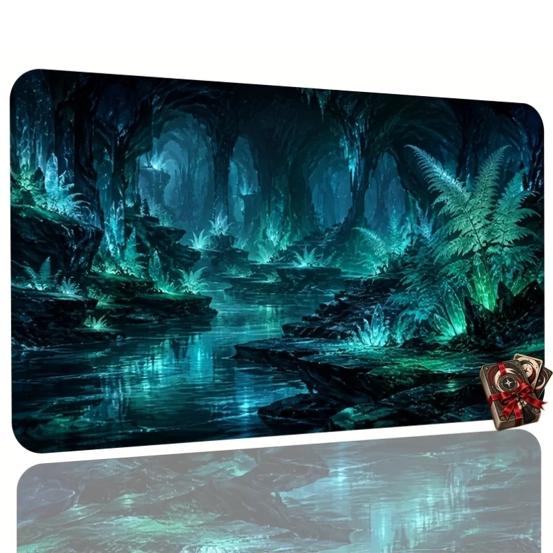 Luminous blue forest cave card game mat, large non-slip table mat, can be used as a trading card battle mouse pad, suitable