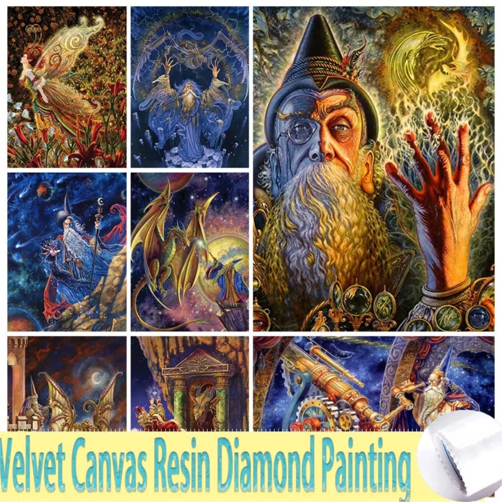 DIY 5D Velvet Canvas Resin Diamond Painting Wizard Dragons Fantasy Magic Seer Astronomers Cross Stitch Rhinestones Picture