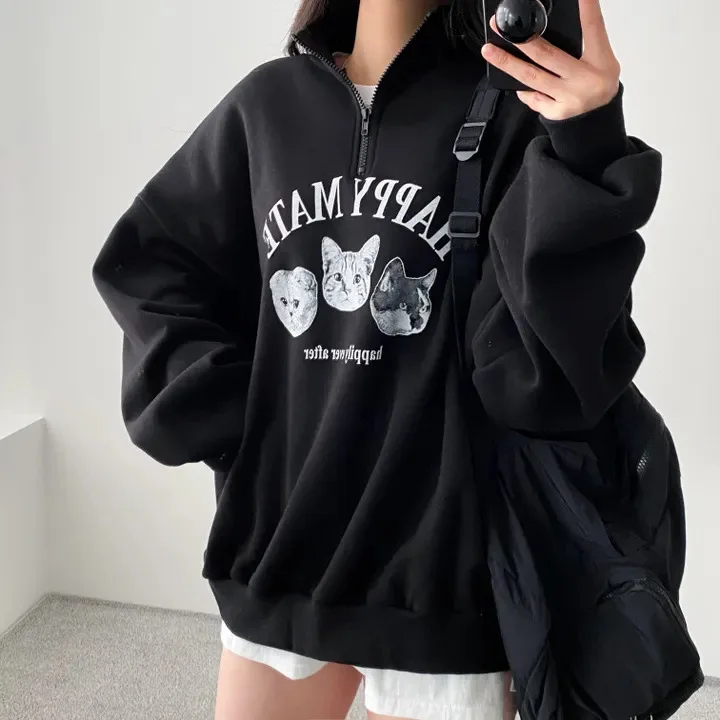 Women Hoodies Office Lady Loose Coat Hooded Sweatshirts Cartoon Cat Printed Pullover 2024 Spring Femal Thicken Clothes