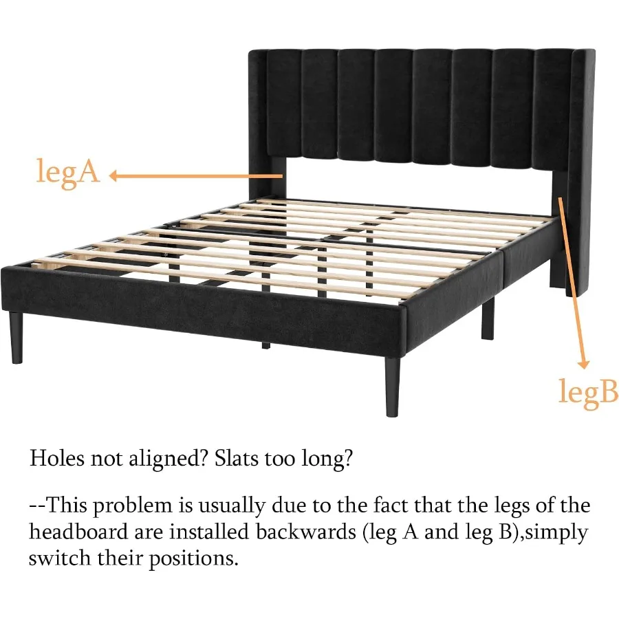 Queen Size Velvet Bed Frame with Vertical Chanel Tufted Headboard and Wingback, Upholstered Platform Bed, Strong Wooden Slats, - view 5