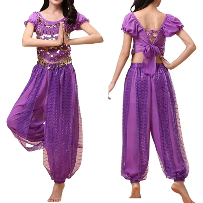 Conjunto de traje de danza del vientre para mujer, top de lentejuelas y pantalones largos con ombligo expuesto, conjunto de baile de Halloween con pantalones largos