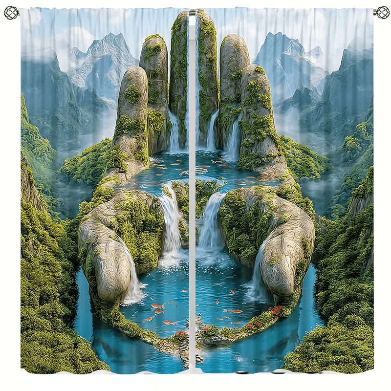2pcs Giant Hand Waterfall Curtains Fantasy Nature Print Blackout Drape Living Room Bedroom Window Treatment Home Decor