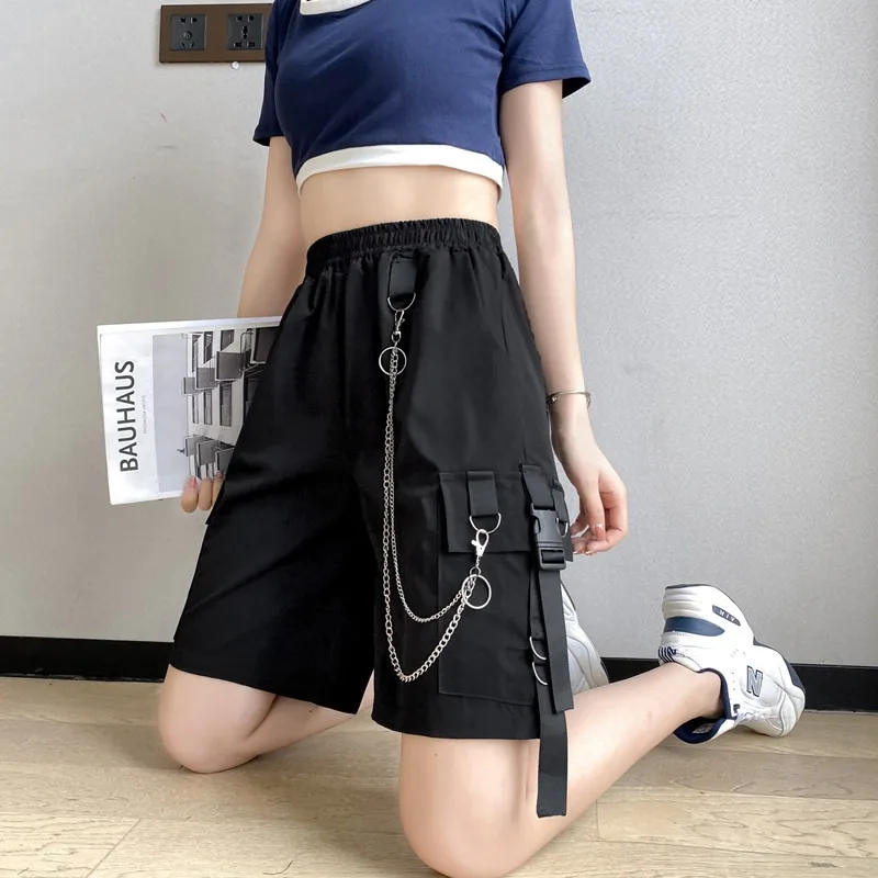 Cargo Shorts Women Summer Cool Couples Unisex Solid Chain Baggy Elastic Waist Fashion Casual All-match Streetwear Trendy Retro