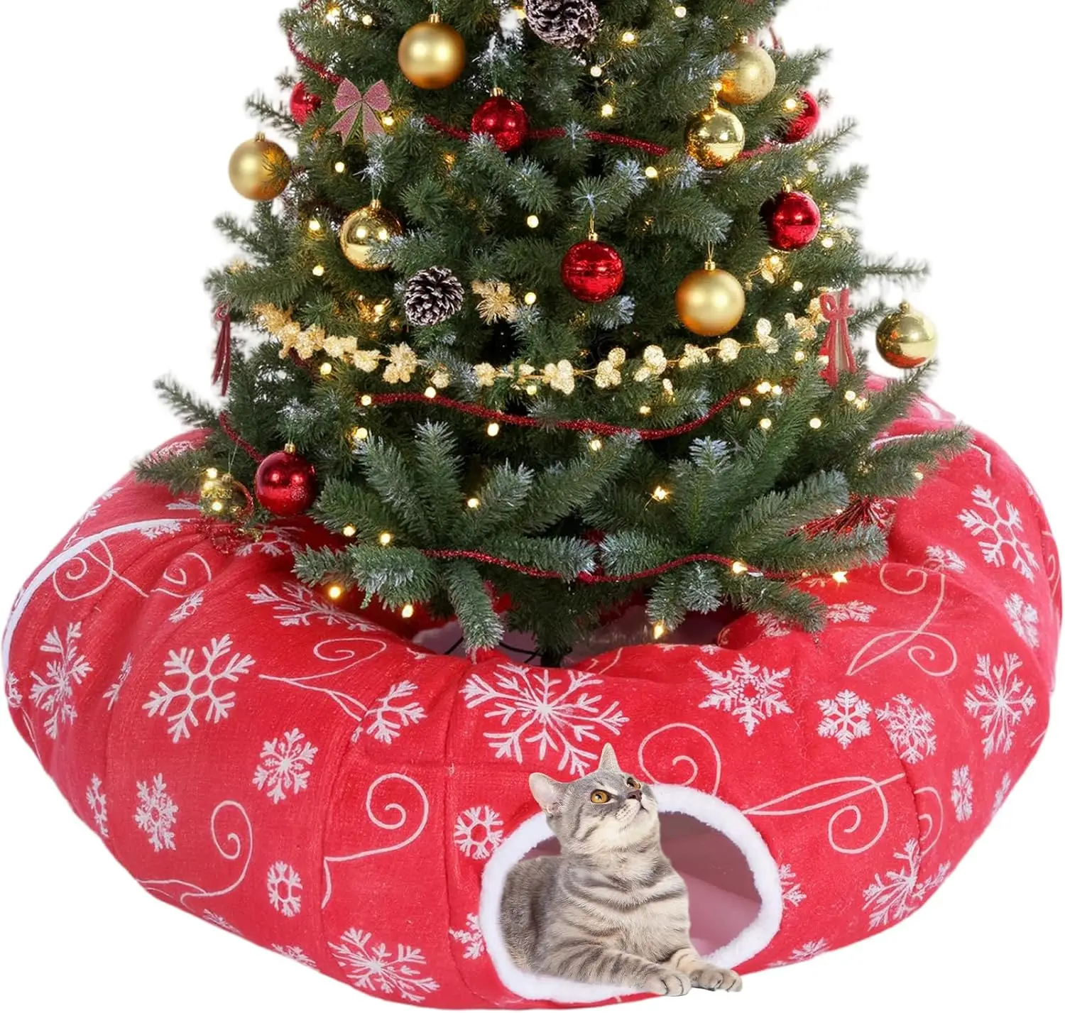 

Christmas Tree Cat Tunnel Bed, Flannel Donut Toy with Snowflake Pattern for Cats & Small Pets