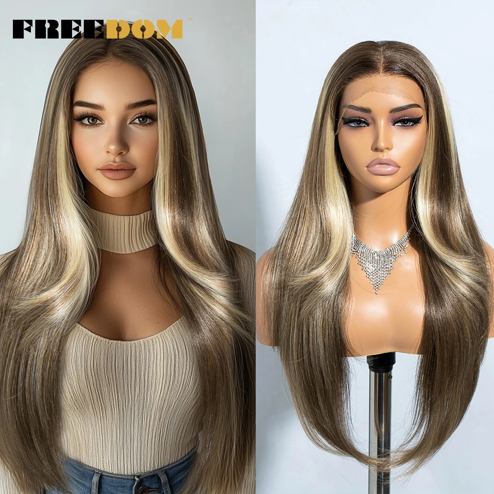 FREEDOM 13x4 Synthetic Lace Front Wigs For Women 28 Inch Long Straight Ombre Brown Blonde Highlight Cosplay Wigs Heat Resistant