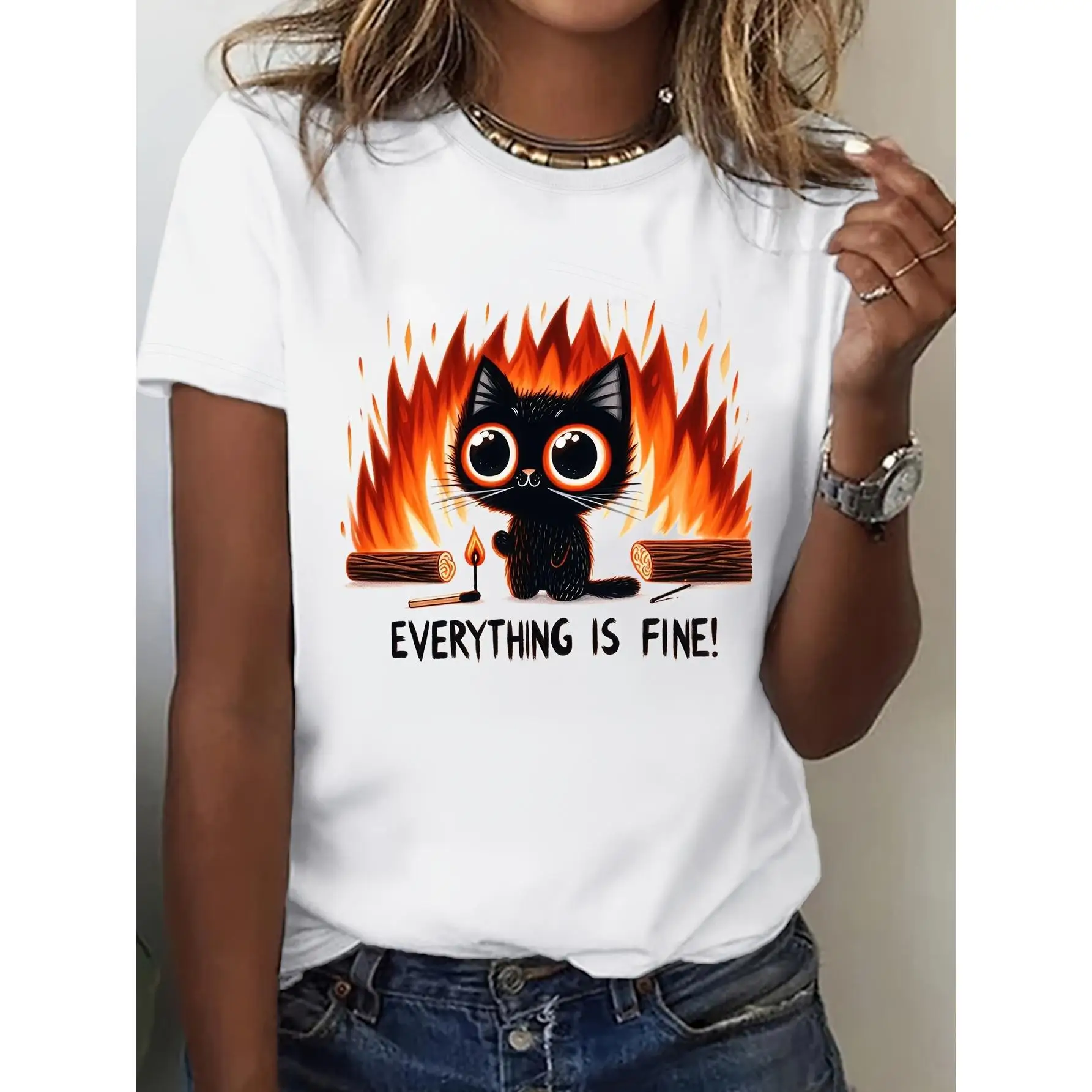 

Women’s Black Cat & Flames Graphic T-Shirt – Soft Short Sleeve Tee For Spring, Summer, And Fall – Casual Round Neck Fashion Top,