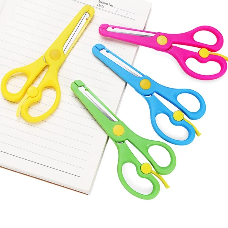 

1PC Safety Sleeve Stainless Steel Scissors Safe Student Spring Scissor Children Paper Scissors Cutting Stationery Supplies